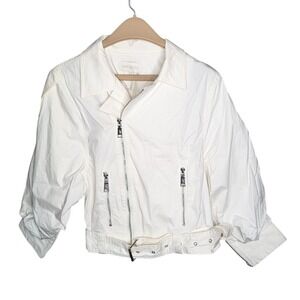 Divine Heritage White Cotton Moto Jacket Belted Cropped Biker Women's M